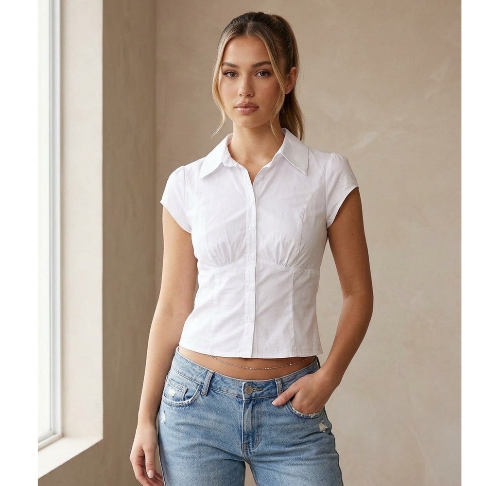 Edikted Massie Tailored Button Up Shirt Women White S Cap Sleeve Preppy Y2K NEW